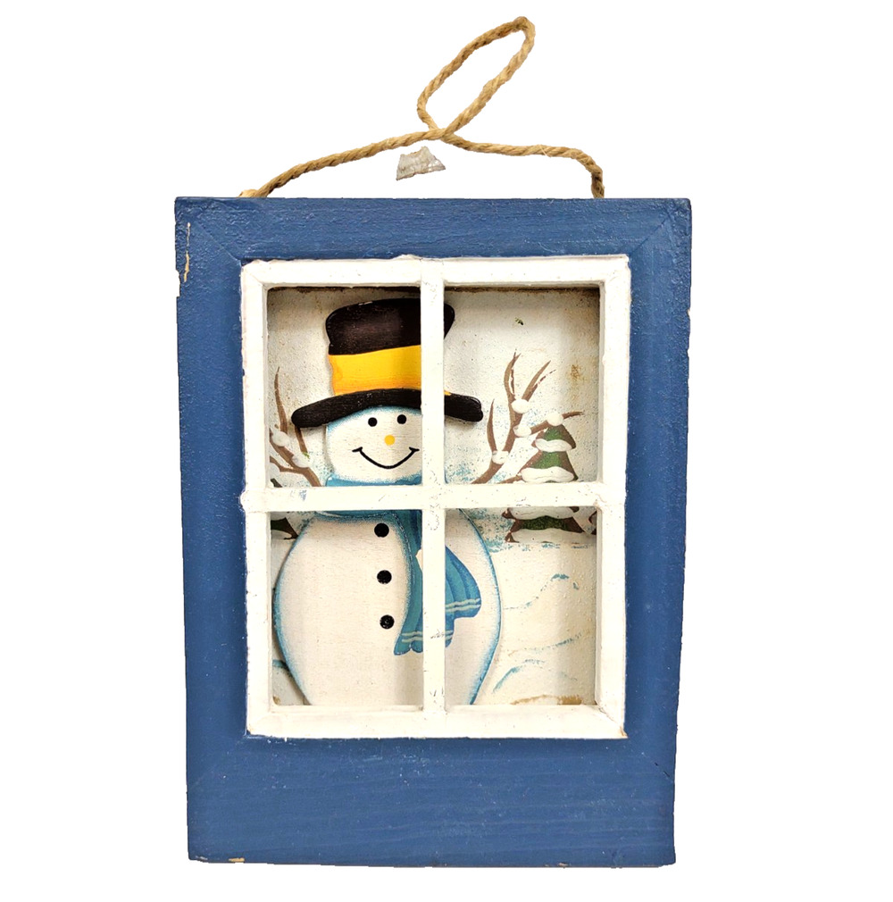 VTG Snowman Looking Through Window Winter Xmas Painted 3-D Wall Decor Sitter